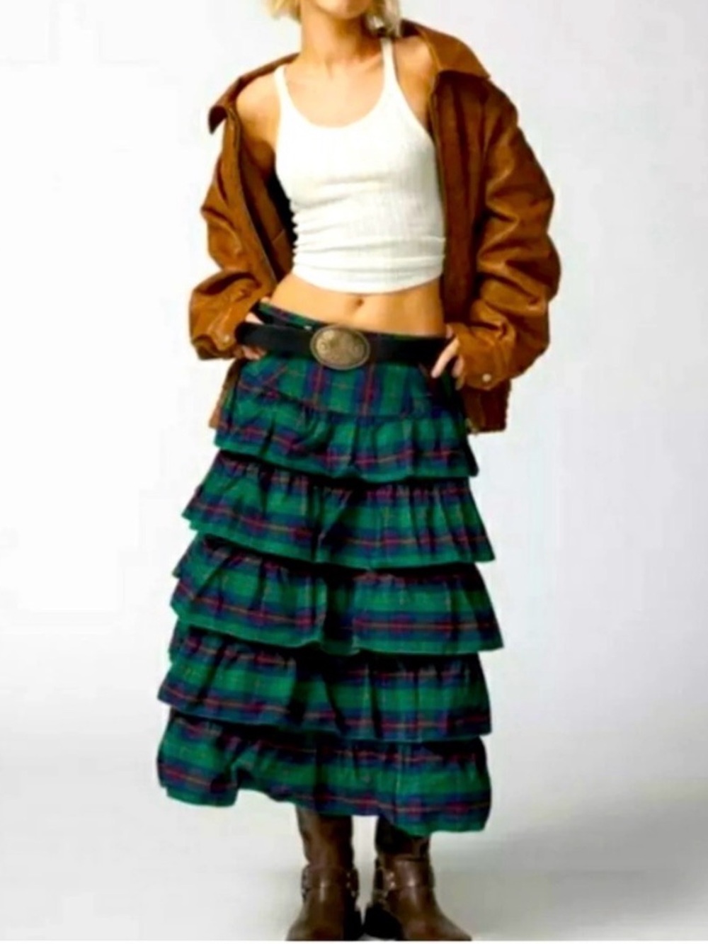 Urban Outfitters Rainee Tiered Ruffles Green Red Blue Tartan Plaid Midi Skirt L
